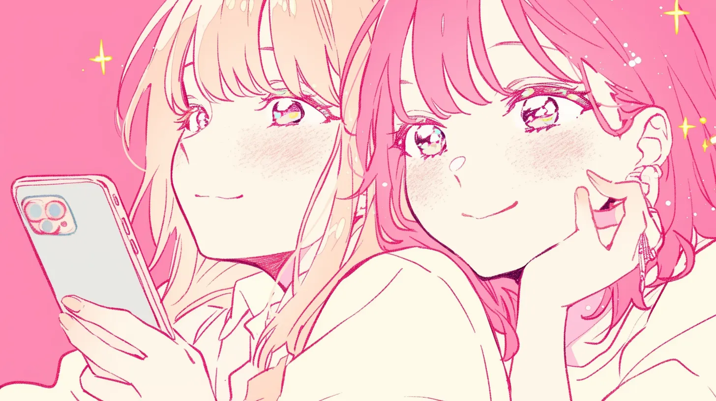 量産型ペア画 スマホを覗く女子高生風少女｜現代的で身近なシチュエーションを切り取った量産型ペア画で、アプリ広告や学生向けサービスの紹介に効果的な表現です。