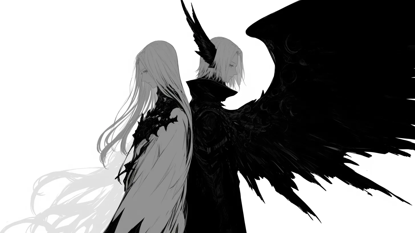 病みペア画 白と黒の翼を持つ人物｜二人の対比が強調されたモノクロ調の構図で、病みペア画らしい重厚感を演出し、ファッション広告やアート系素材に活用可能です。