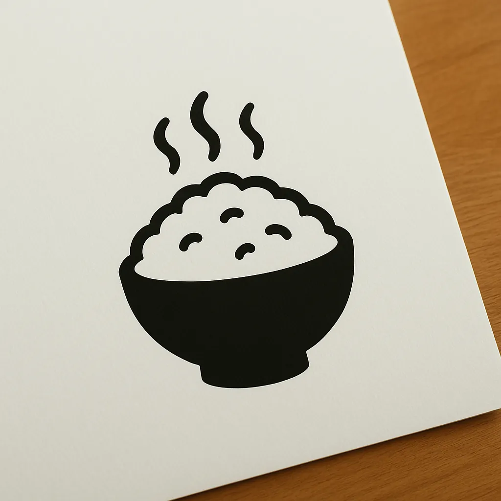 黒シルエットのお米｜ごはんがこんもり盛られた茶碗を黒シルエットで表現。丸みのある盛りつけと湯気の線が柔らかさを感じさせ、日本の主食らしい温もりを持った構成。行事食や栄養掲示など幅広い用途に使える素朴な一枚。