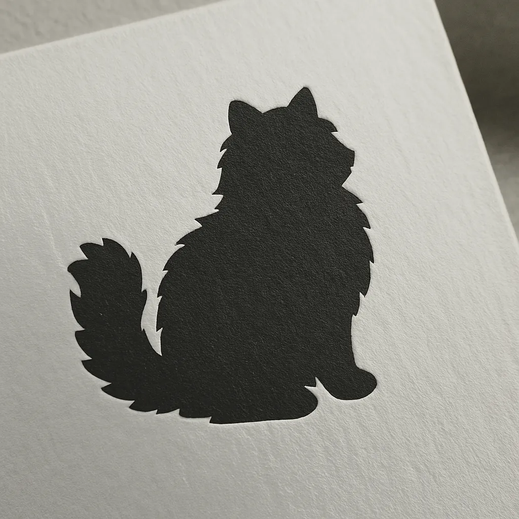 黒シルエットのもふもふの猫｜全身をおおう豊かな毛並みと、丸みを帯びた柔らかいフォルムが魅力の長毛種の猫を、黒塗りで印象的に表現。紙の凹凸と自然光が調和し、やさしさと高級感をあわせ持つシルエット素材に仕上がっています。