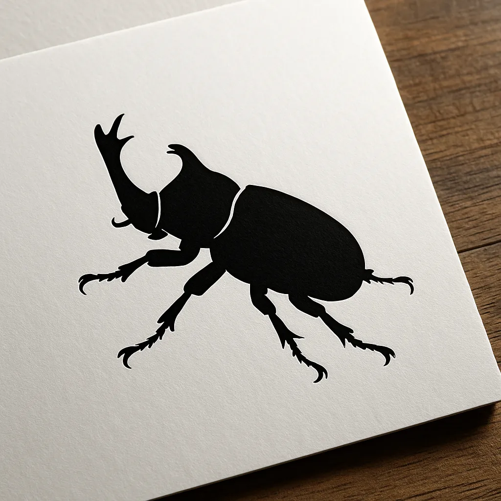 黒シルエットのカブトムシ　｜大きな角とがっしりした体を黒一色で描いたカブトムシのシルエット。白い厚紙に印刷された堂々とした姿が、夏・昆虫観察・イベント装飾にぴったりな迫力あるビジュアルです。