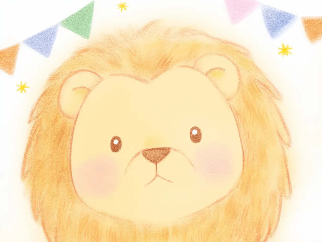 ライオンの顔・パステル｜パステル調の優しいタッチで描かれたライオンの顔。ふんわりとしたたてがみと淡い色合いが、ぬいぐるみのような愛らしさを感じさせる。