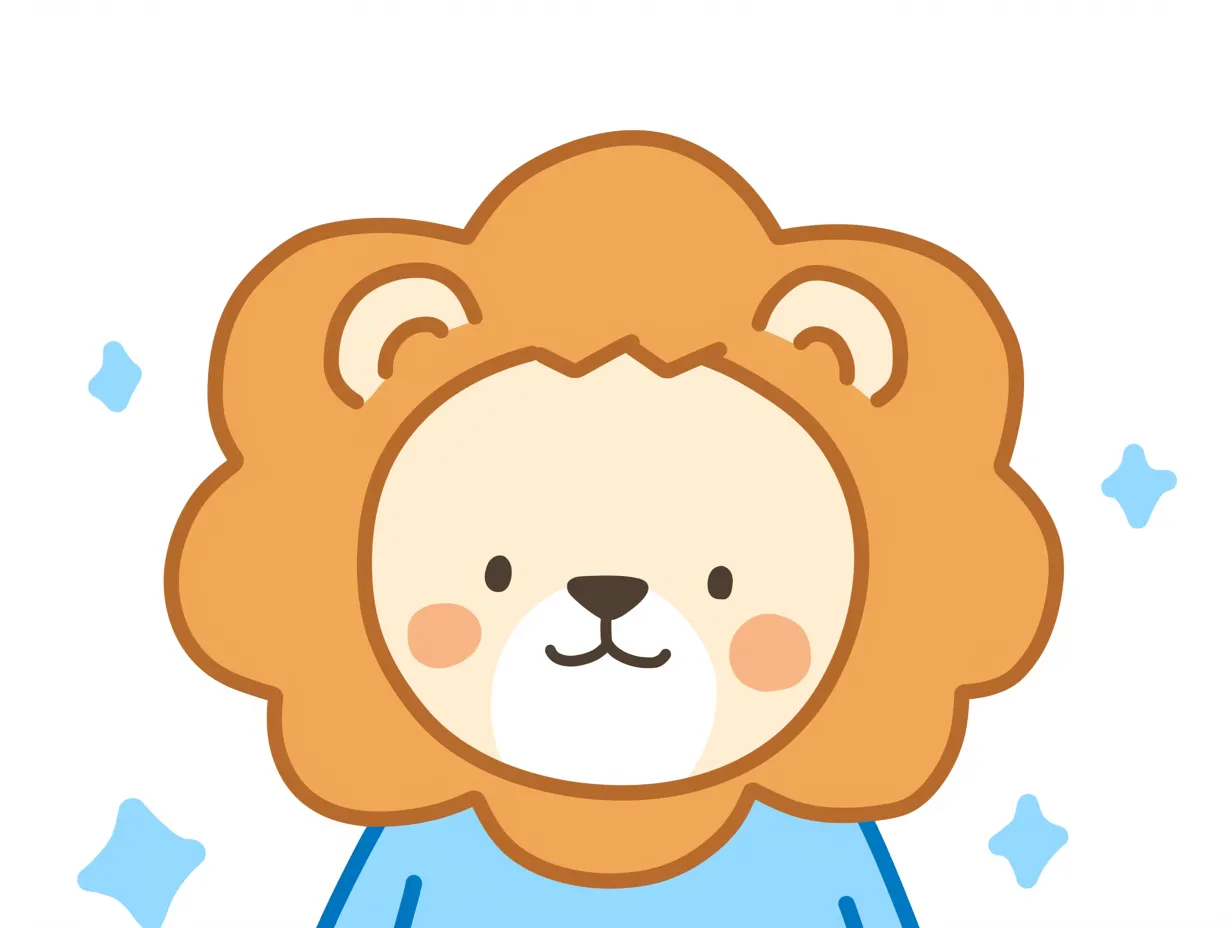 ライオンの顔・着ぐるみ｜着ぐるみのようなスタイルで描かれたライオンの顔が、子どもっぽく愛らしい雰囲気を漂わせる。デフォルメされた丸みが特徴的。