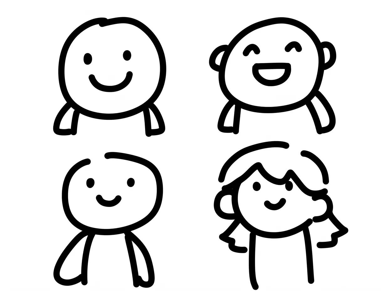 手書き顔の並び絵｜4つの異なる手書き顔が、ゆるやかに並びながらも互いに干渉しない独立性を保つ。輪郭と目鼻の配置に微差が生む統一感が鍵。