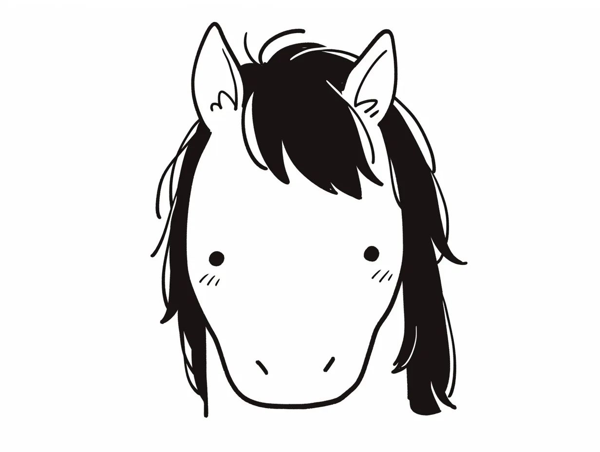 馬の顔と黒たてがみ｜黒いたてがみの動きが顔の縦ラインを引き立て、ミニマルな線で構成されたシンプルな顔立ちが印象的。控えめな表情がかえって感情を引き立てている。