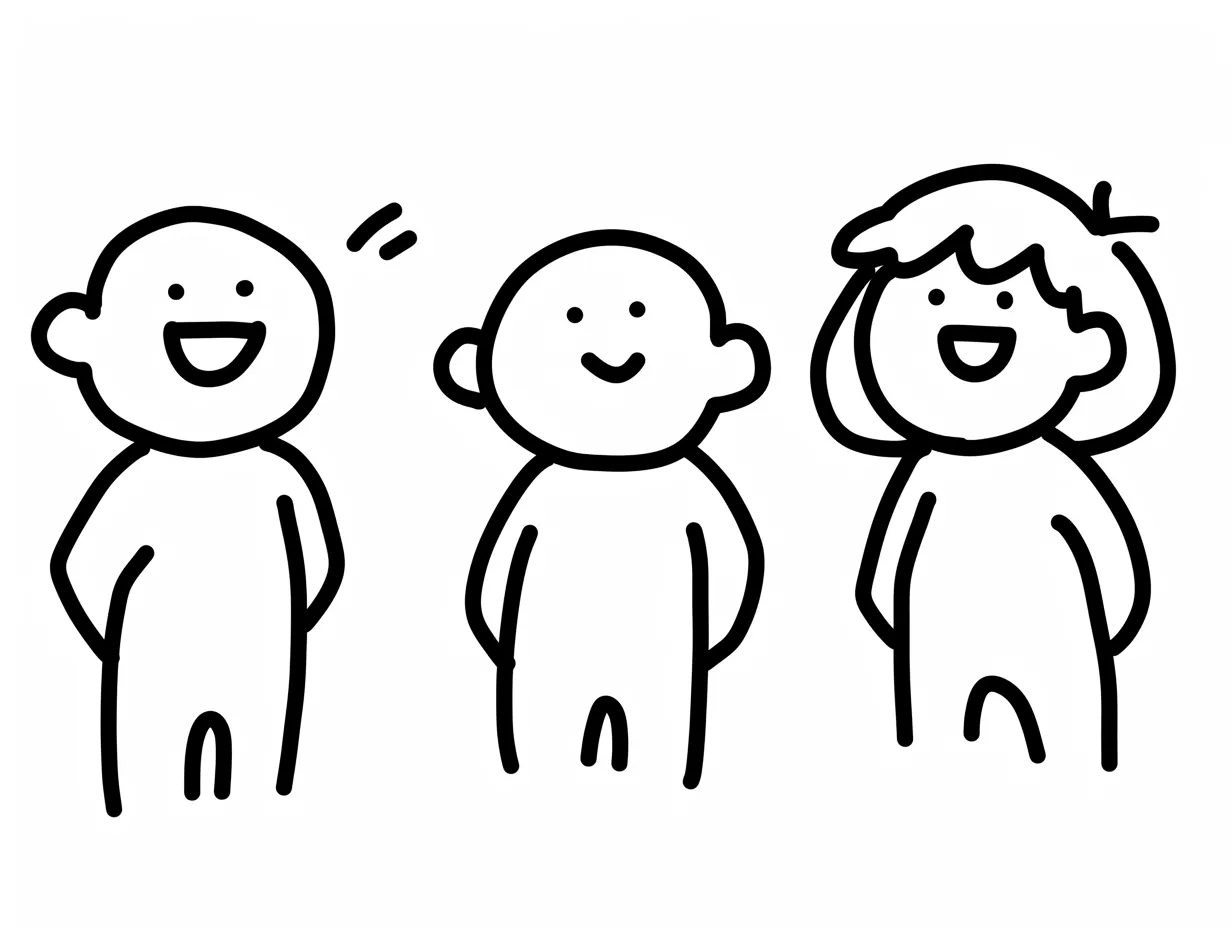 手書き顔の安定感｜にっこり笑った3人が、対称的な配置で収まりよくまとまる。線の太さと余白が手書き顔の安定した心地よさを支えている。