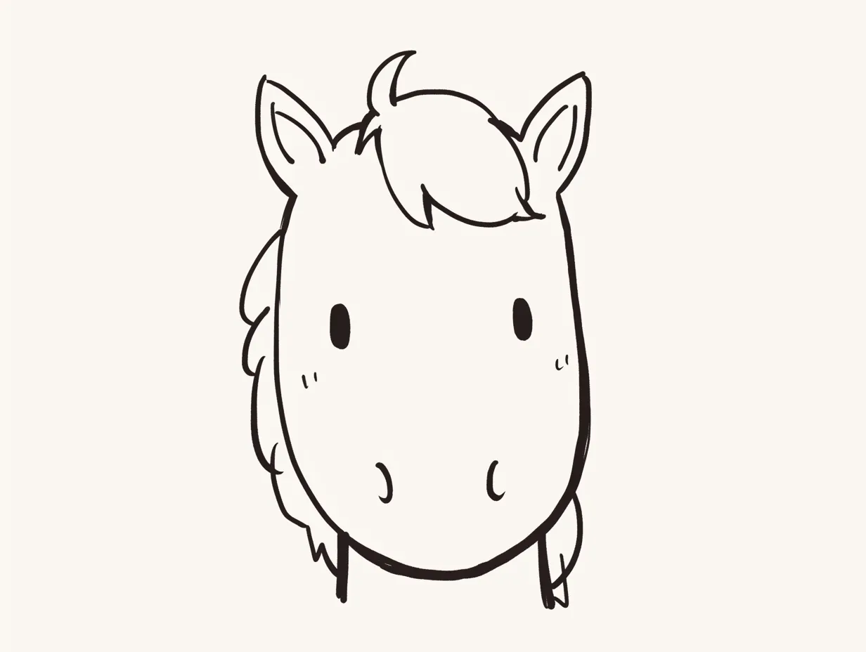 馬の顔とくるん前髪｜前髪の丸みと丸い鼻先が全体の柔らかい印象を形作る。目と口元の配置バランスにより、シンプルながらも愛嬌が前面に出る表情となっている。