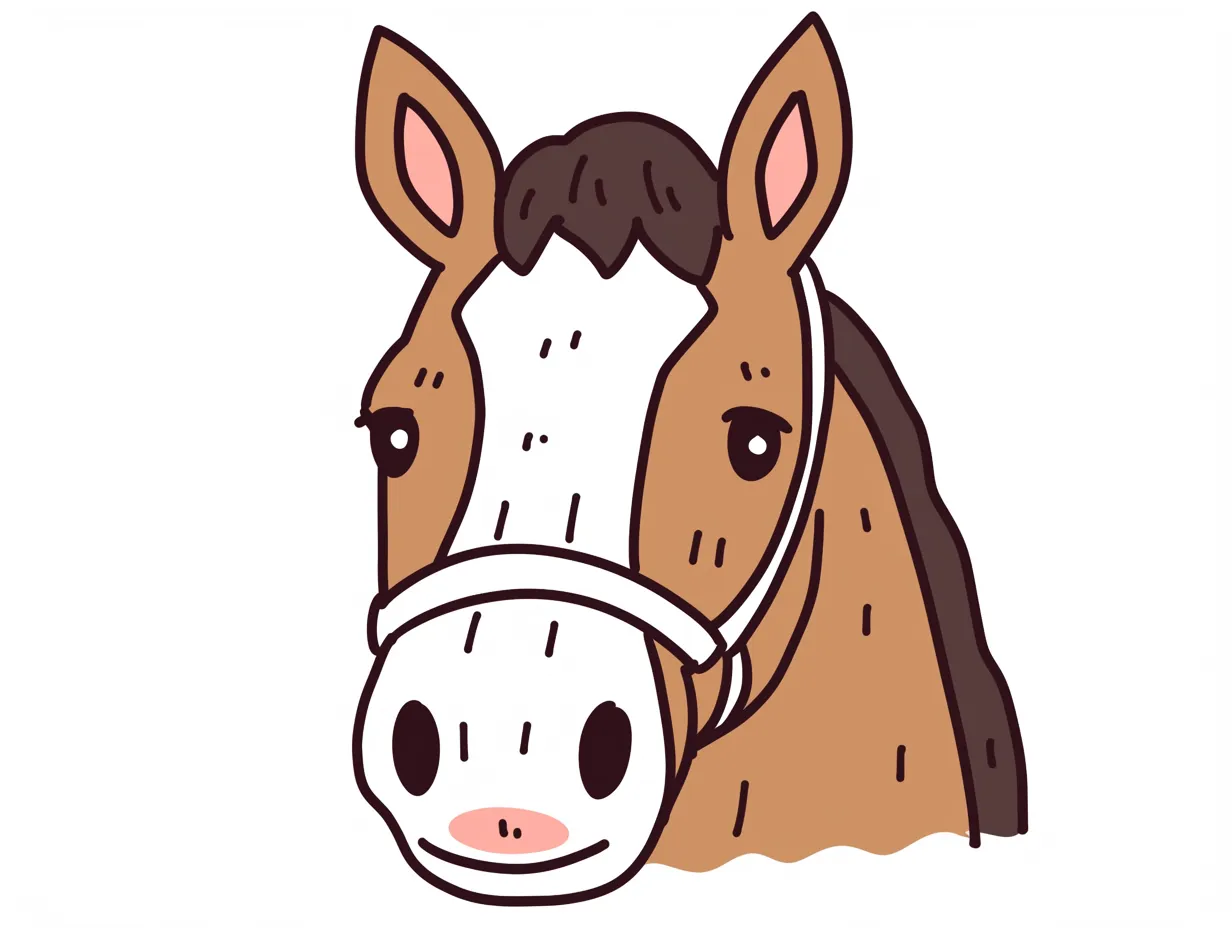 馬の顔と丸い瞳｜太い線とシンプルな配色が、馬の顔に童話的な安心感を与えている。口元と鼻孔の形がコミカルに整えられ、親しみやすい印象にまとまっている。