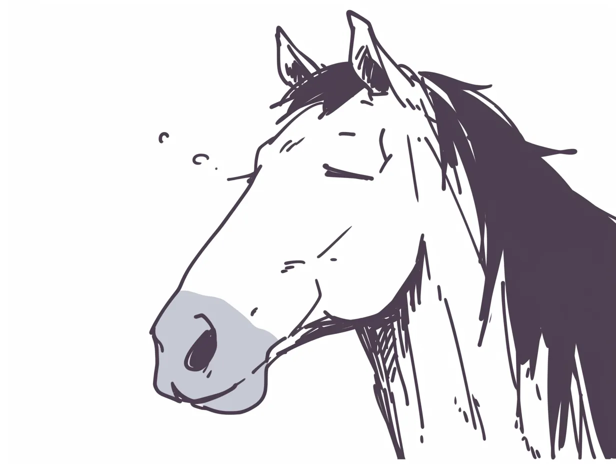 馬の横顔ゆるっと眠る｜ゆるい線と抑えた配色で描かれた馬の横顔が、心地よい脱力感を漂わせる。目を閉じた表情に静かなユーモアがにじむ。