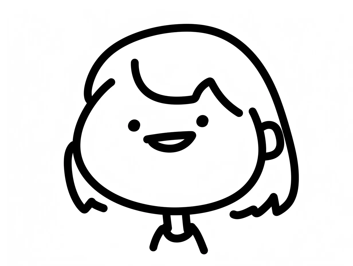 手書き顔の口元強調｜手書き線で描かれた大きめの顔に対し、口元のカーブが主役となって印象を作る。視線よりも口元が感情の中心に据えられている。