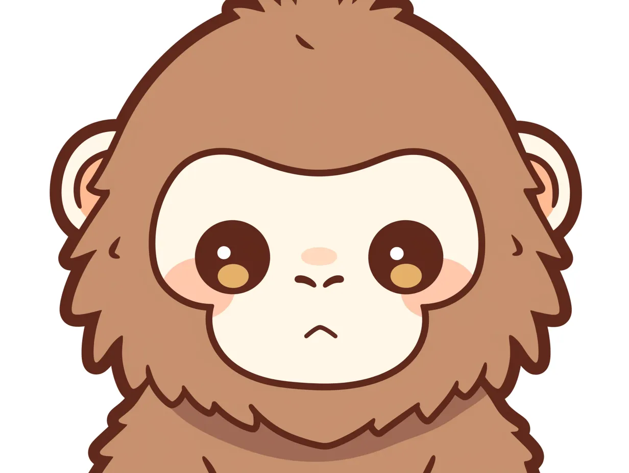 ゴリラのかわいい顔｜丸くて大きな目と控えめな口元で、無垢さを前面に押し出したゴリラのかわいい顔。やさしい色使いが、全体の柔らかい印象を際立たせている。