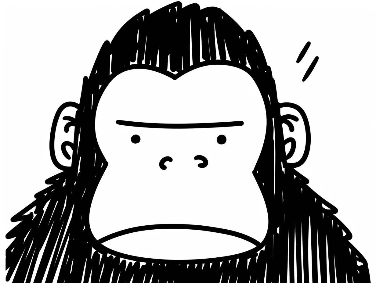 ゴリラの驚き顔｜最小限の線で驚きを表した、ゆるさが魅力のゴリラの驚き顔。無駄のない構成で表情の動きが際立ち、シュールな面白さが光っている。