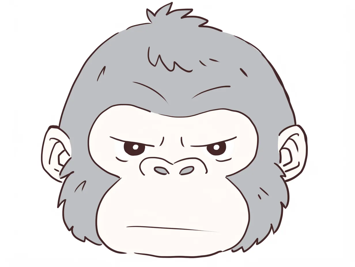 ゴリラの警戒した顔｜左右に流れる眉と視線の角度で警戒心をにじませたゴリラの顔。輪郭の硬さが表情とリンクし、緊張感ある雰囲気を作り出している。