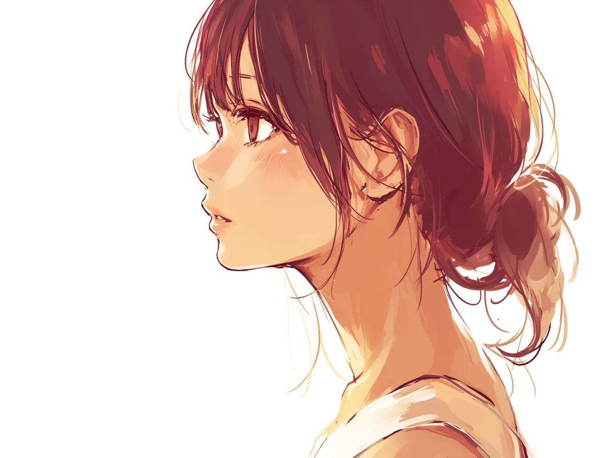 女の子横顔と夕景光｜逆光気味の明るさの中で女の子の横顔が照らされ、髪の立体感や肌のツヤが生き生きと描かれている。表情の余韻と首元の柔らかな影が物語を感じさせる構成。