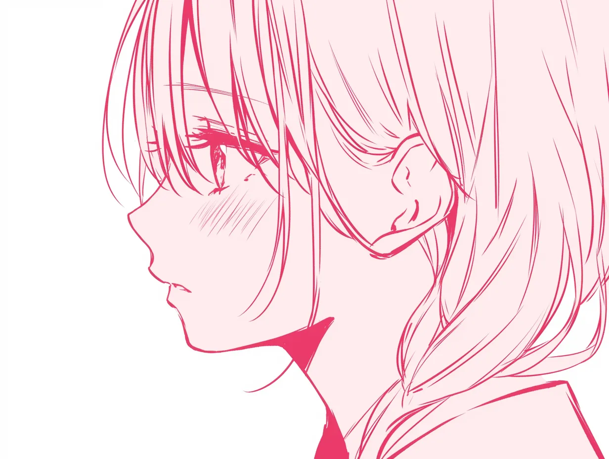 女の子の横顔線画｜単色の線で描かれた女の子の横顔が、表情の微細な動きと頬の赤みだけで感情を伝える構成。シンプルだからこそ目の力が印象に残る仕上がりになっている。