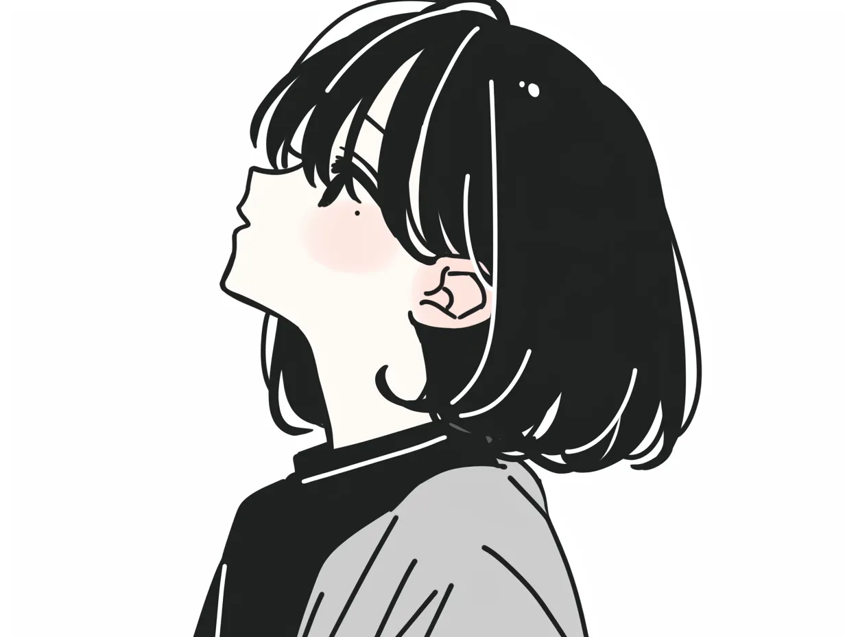 女の子の横顔見上げ｜首を伸ばし見上げる女の子の横顔は、黒髪のコントラストと角度の強さが目を引く。ミニマルな色使いで、無表情と動きのバランスが絶妙に整っている。