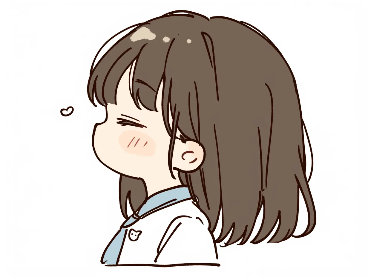 女の子の横顔ほほえみ｜閉じた目と頬の赤みが柔らかな感情を引き立てる、ほほえむ女の子の横顔。吹き出しのような小さなハートが、空気感をやさしく演出している。