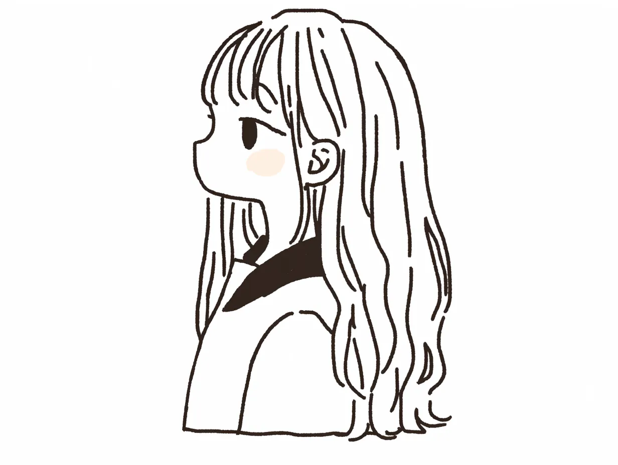 女の子の横顔すまし顔｜まっすぐ前を見つめるすまし顔の女の子の横顔。無表情ながらも頬の控えめな色と線の配置が、無垢さと内に秘めた意志の両方を感じさせる。