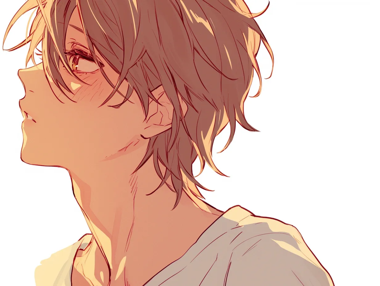 男の横顔と夕陽｜あたたかい光が差し込む中で描かれる男の横顔。視線の先に何かを見つめるような目の動きと髪の流れが、静かな躍動感を表現している。