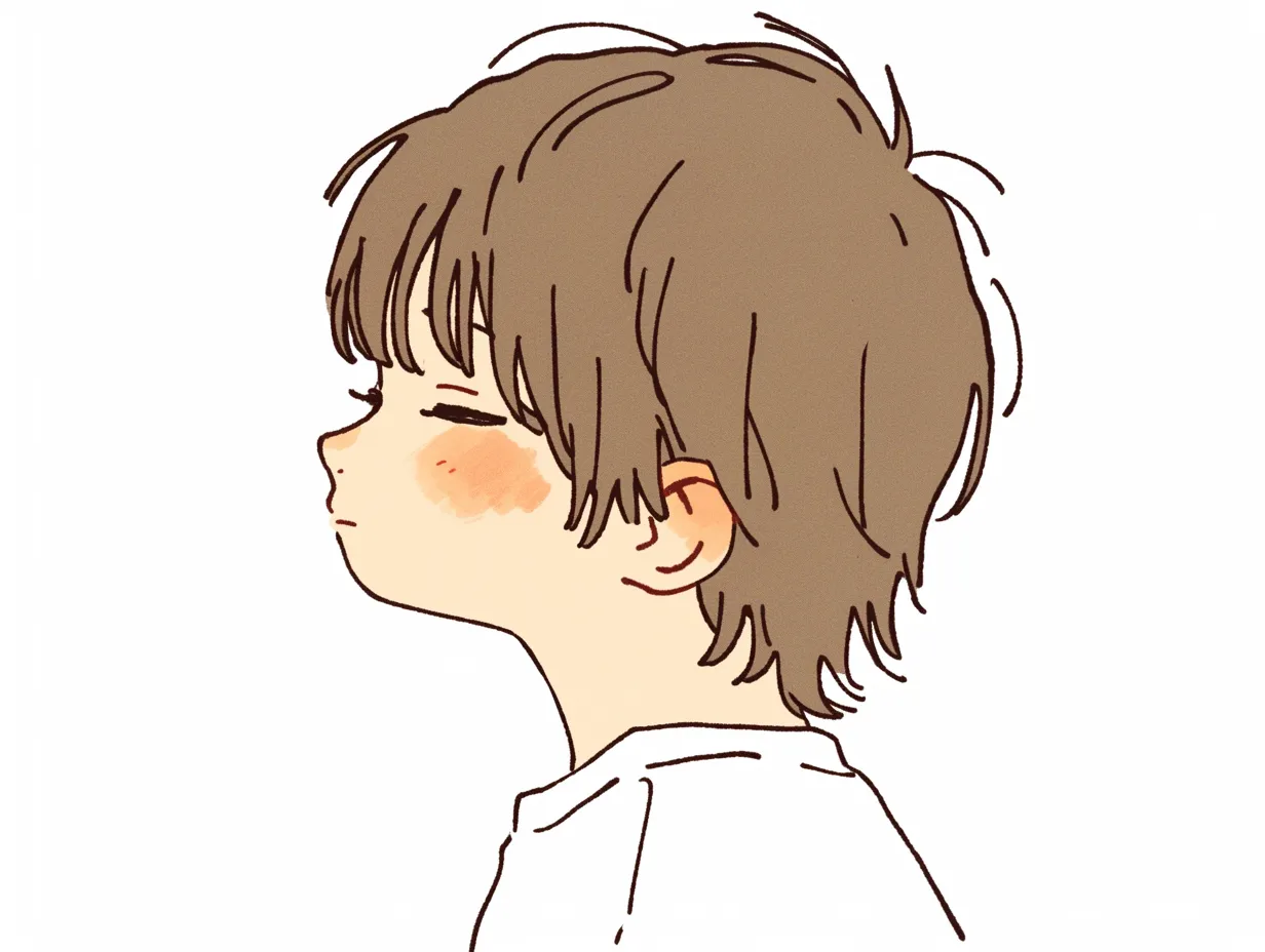 男の横顔とまどろみ｜うっすらと目を閉じた表情とふんわりした髪が、静けさを感じさせる男の横顔。頬の紅と緩やかな輪郭が柔らかい空気を描き出している。