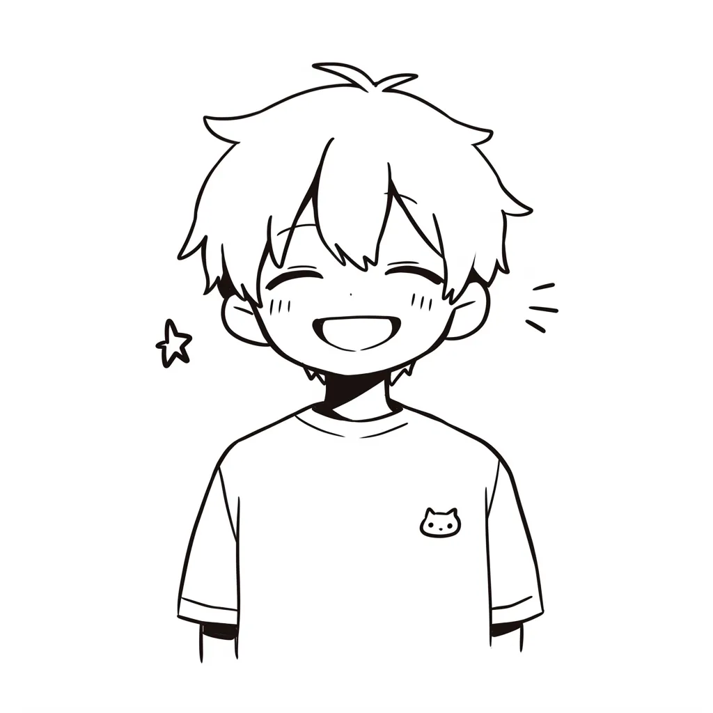 ゆるい笑顔の星印少年｜猫マークのTシャツと星マークがアクセントの少年のゆるい笑顔。バランスの取れた前髪と丸い目元の表現が、柔らかく親しみやすい印象を際立たせている。