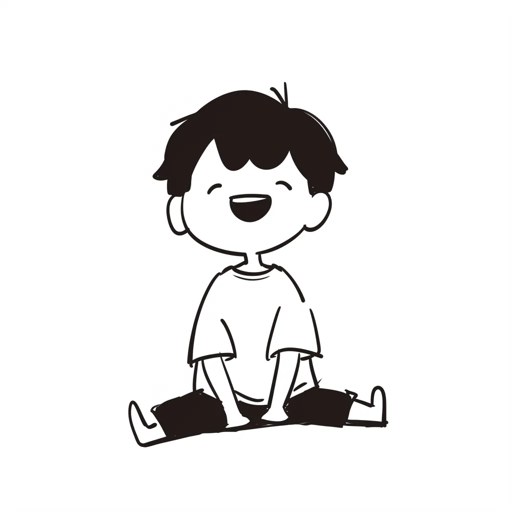 ゆるい笑顔とおすわり｜あぐらをかくように床に座る男の子のゆるい笑顔。ラフな線で描かれた手足や服のシワが、無邪気で素朴な雰囲気を引き立て、ほっとするような温かさを感じさせる。