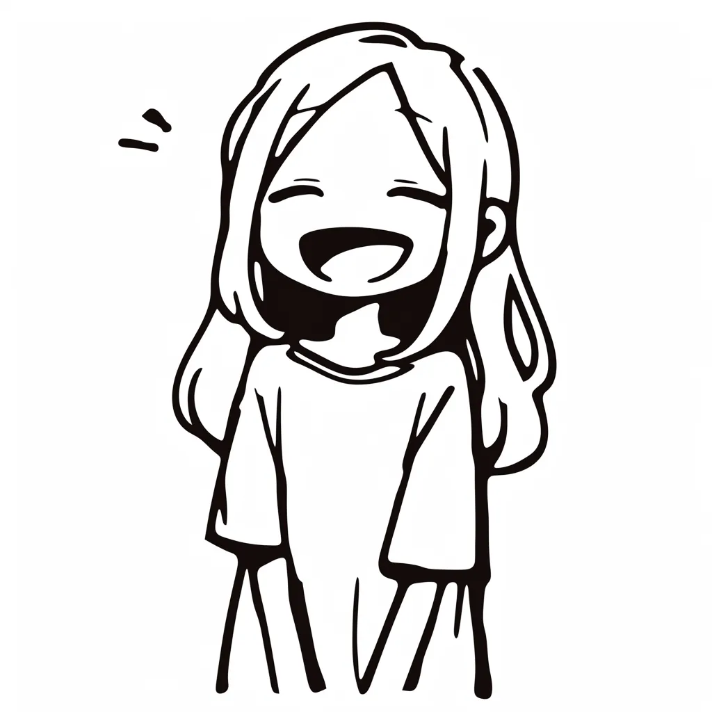 ゆるい笑顔の女の子｜長い髪とゆるいTシャツ姿の女の子が、口を大きく開けて笑う構図。体の左右バランスや前傾姿勢が自然な喜びを表現し、明るくリラックスした印象を生んでいる。
