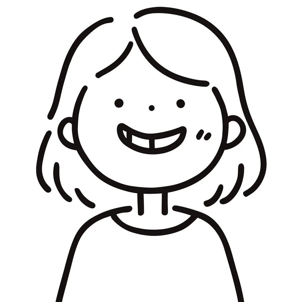 ゆるい笑顔と歯抜け｜歯のすき間やふっくらしたほっぺが魅力の女の子のゆるい笑顔。顔全体が丸く構成されており、子どもらしい愛嬌を強く感じさせるやわらかな印象の仕上がり。