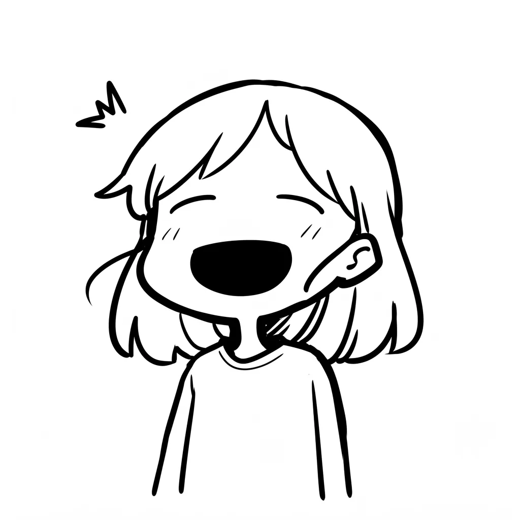 ゆるい笑顔にびっくり｜斜めに向いた視線と大きく笑う口元が印象的な女の子。髪の流れや驚きのマークが、ゆるい笑顔に遊び心を加え、自然体な喜びの瞬間を楽しく表現している。
