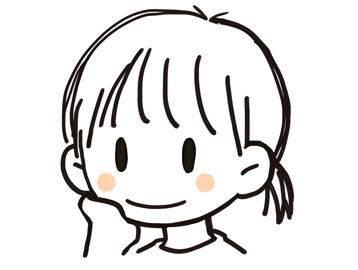 ゆるい笑顔とほっぺ｜ほっぺに添えた手と淡い頬の赤みが印象的なゆるい笑顔の女の子。顔の輪郭がシンプルな線で構成され、表情の微細な変化を優しく伝える温かみあるスタイル。