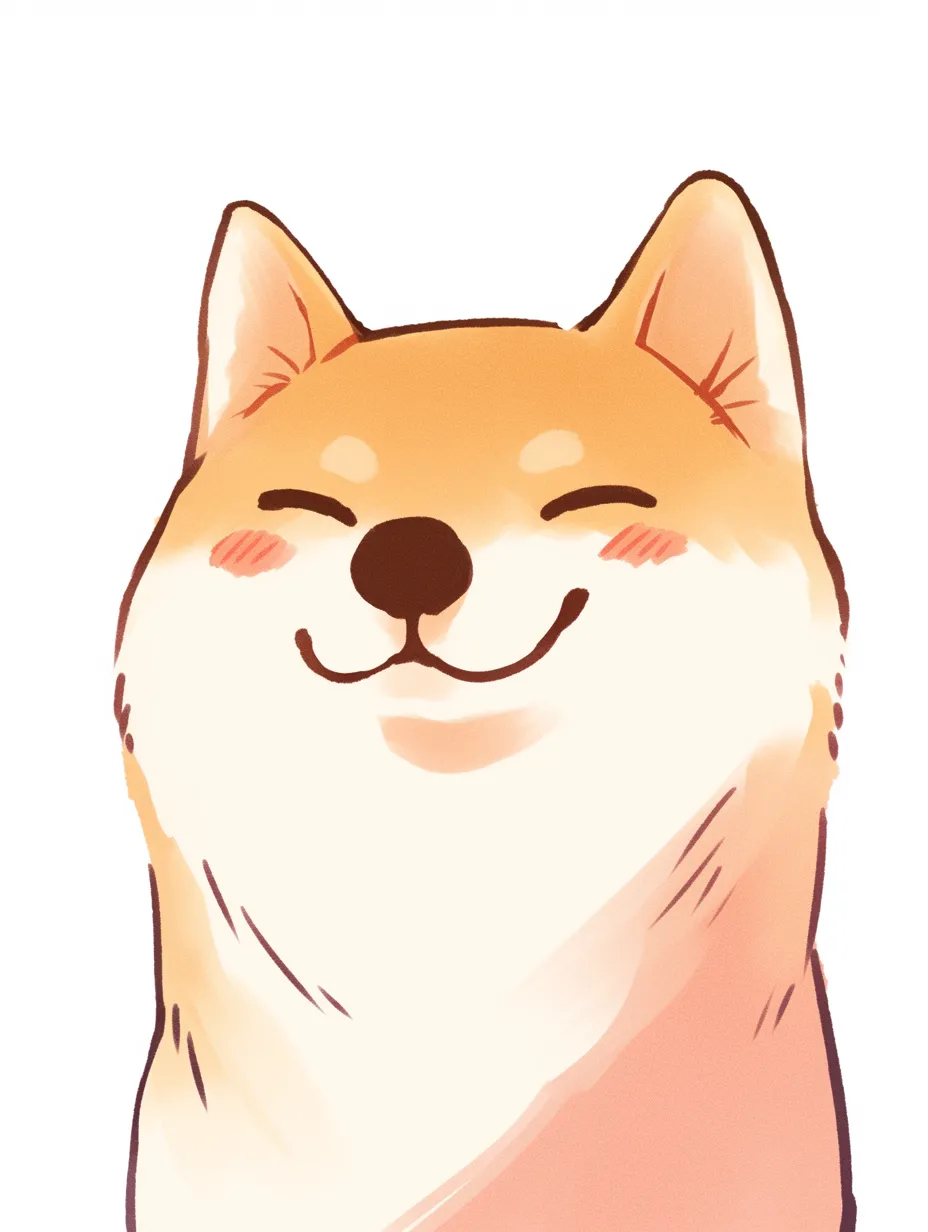 笑顔の犬のまなざし｜柔らかなタッチで描かれた犬の笑顔が見る人の心を癒やす。つぶらな目と控えめな赤みのあるほっぺが優しい印象を与え、表情全体が温かく包み込むような雰囲気を作り出している。