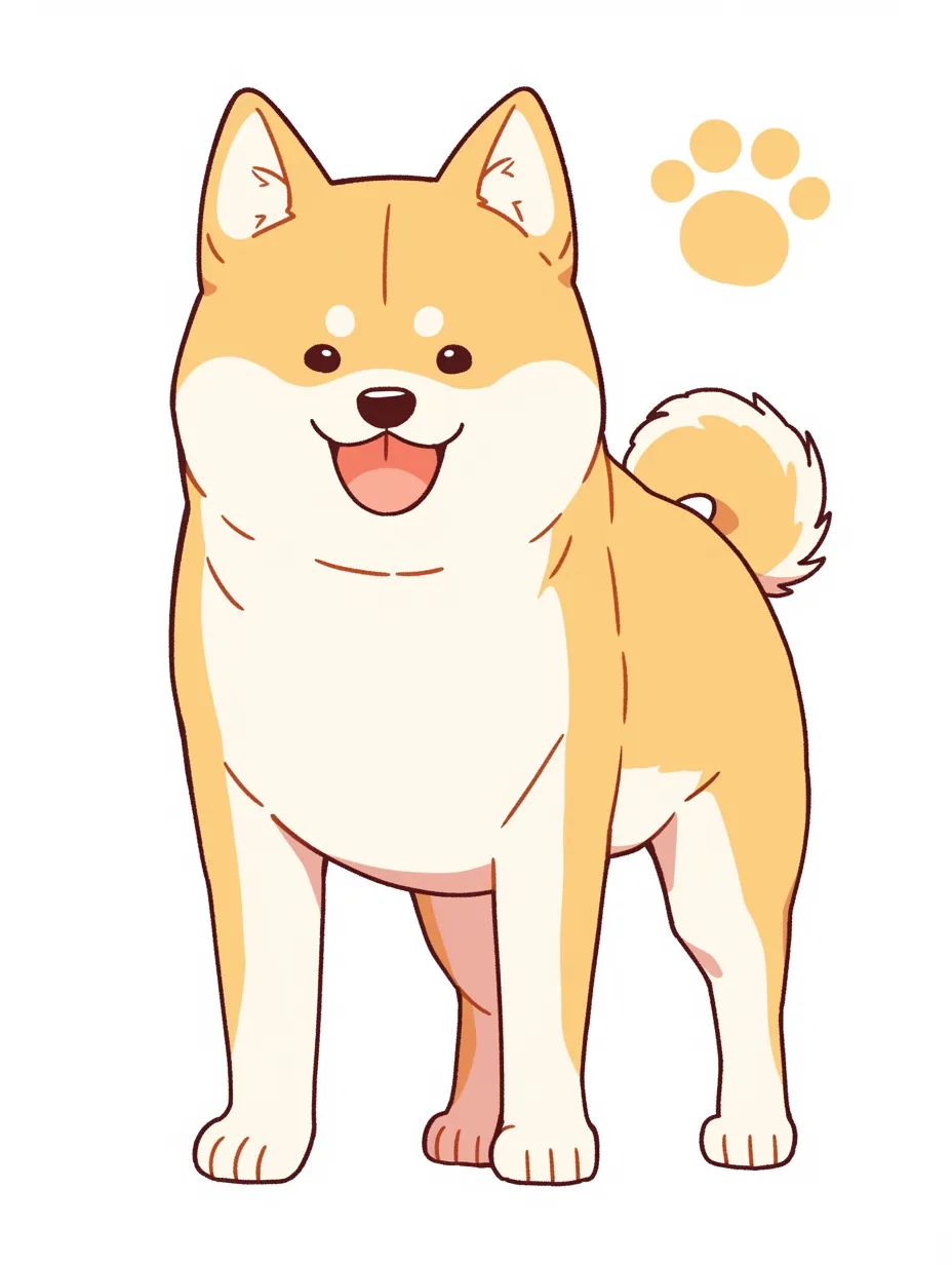 笑顔の犬と足あとマーク｜全身を描いた犬の笑顔と、背景の足あとマークが構図に楽しさを加えている。丸みを帯びたシルエットと舌を出した表情が、活発で陽気な印象の笑顔の犬を引き立てている。