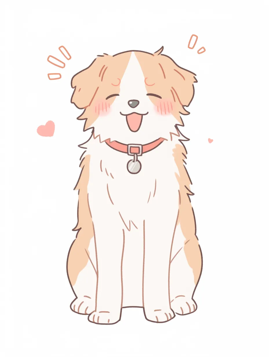 幸せそうな笑顔の犬｜シンプルな線と柔らかい色合いで描かれた笑顔の犬が、幸せそうな表情でこちらを見ている。顔まわりのふんわりしたラインとほっぺの赤みが、優しい空気感を演出している。