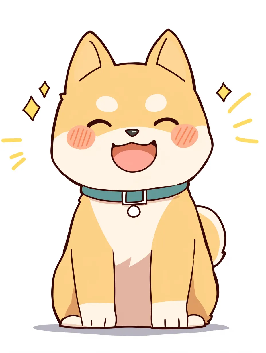 笑顔の犬のよろこび｜前脚をそろえてきちんと座った笑顔の犬が、落ち着きのある構図に元気な感情を加えている。大きく開いた口と赤い頬のコントラストが生き生きとした印象を与えている。