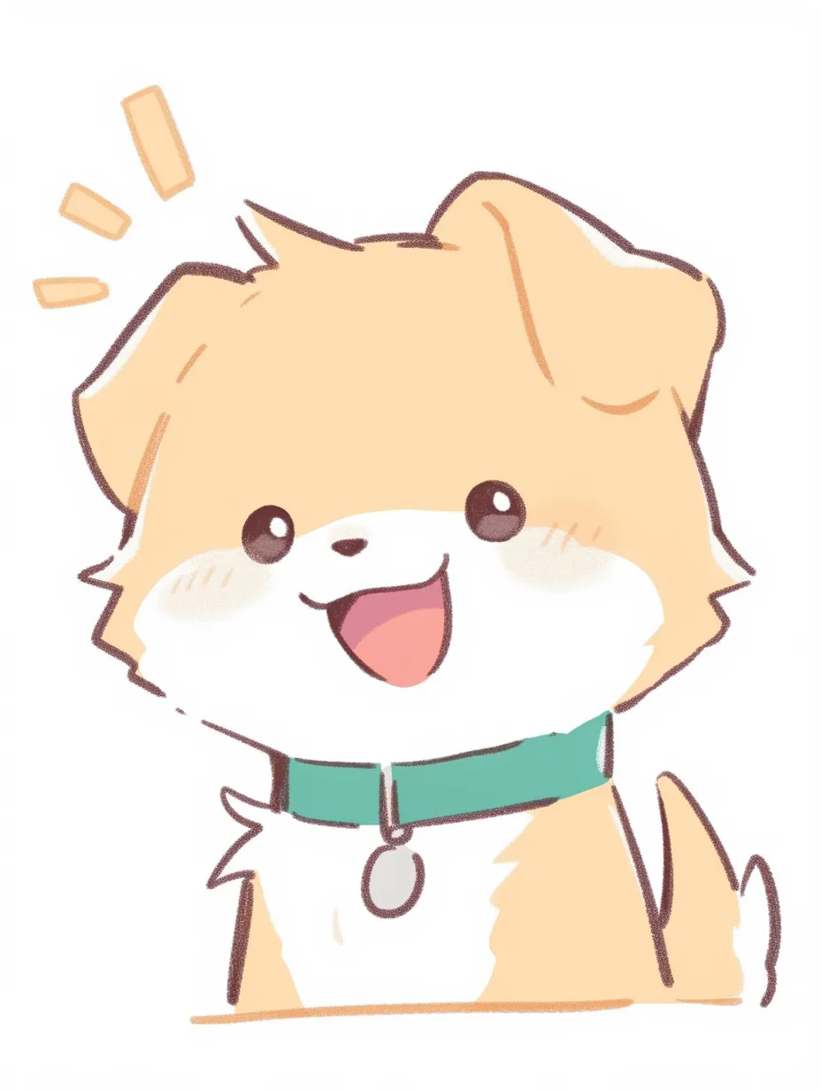 はしゃぐ笑顔の犬｜頭を少し傾けて舌を出した笑顔の犬が、はしゃいでいるような楽しさを表している。首輪の色味とほっぺのグラデーションが全体の調和にアクセントを加えている。