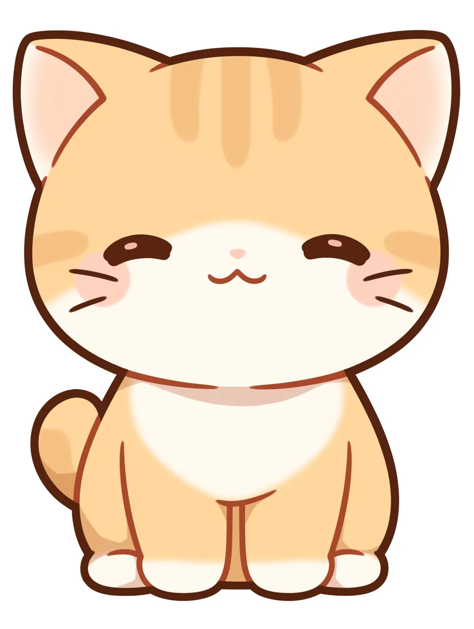 笑顔の猫のおすわり｜小さな体に対して大きめの顔と目が、猫の愛らしさを強調している。色数を抑えた構成が、シンプルな笑顔とポーズをより印象深く見せているのが特徴。