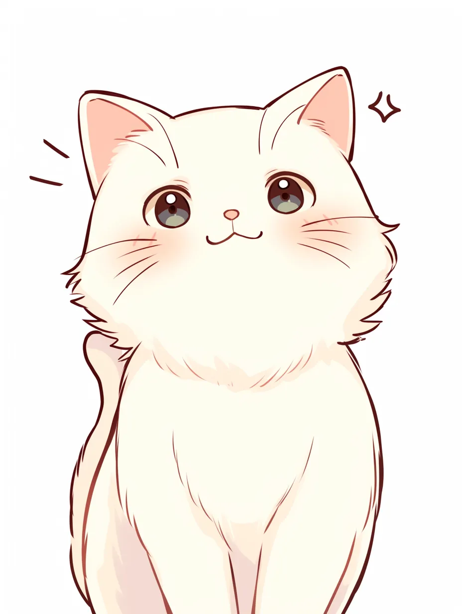笑顔の猫のきらめき｜目の中の光や顔の角度が、猫の純粋な喜びを丁寧に映し出している。ふんわりとした毛並みとピンクの頬が、全体に柔らかくやさしい印象を与えている。