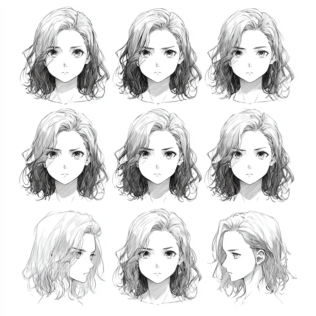 顔の向きの静かな緊張｜淡い彩色と整った線に支えられた複数の角度が、内にこもる緊張を演出。輪郭のわずかなずれが微細な心理をにじませる。