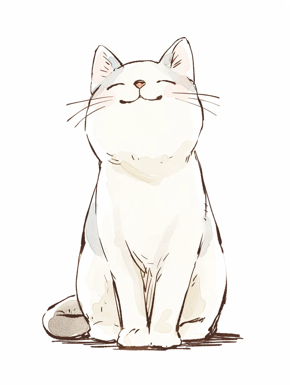 笑顔の猫の満足感｜体をまっすぐにして座る姿が自信を感じさせる構図。塗りのにじみが優しく、柔らかい線と対照的に表情がしっかり際立っており、猫の堂々とした幸せが伝わる。