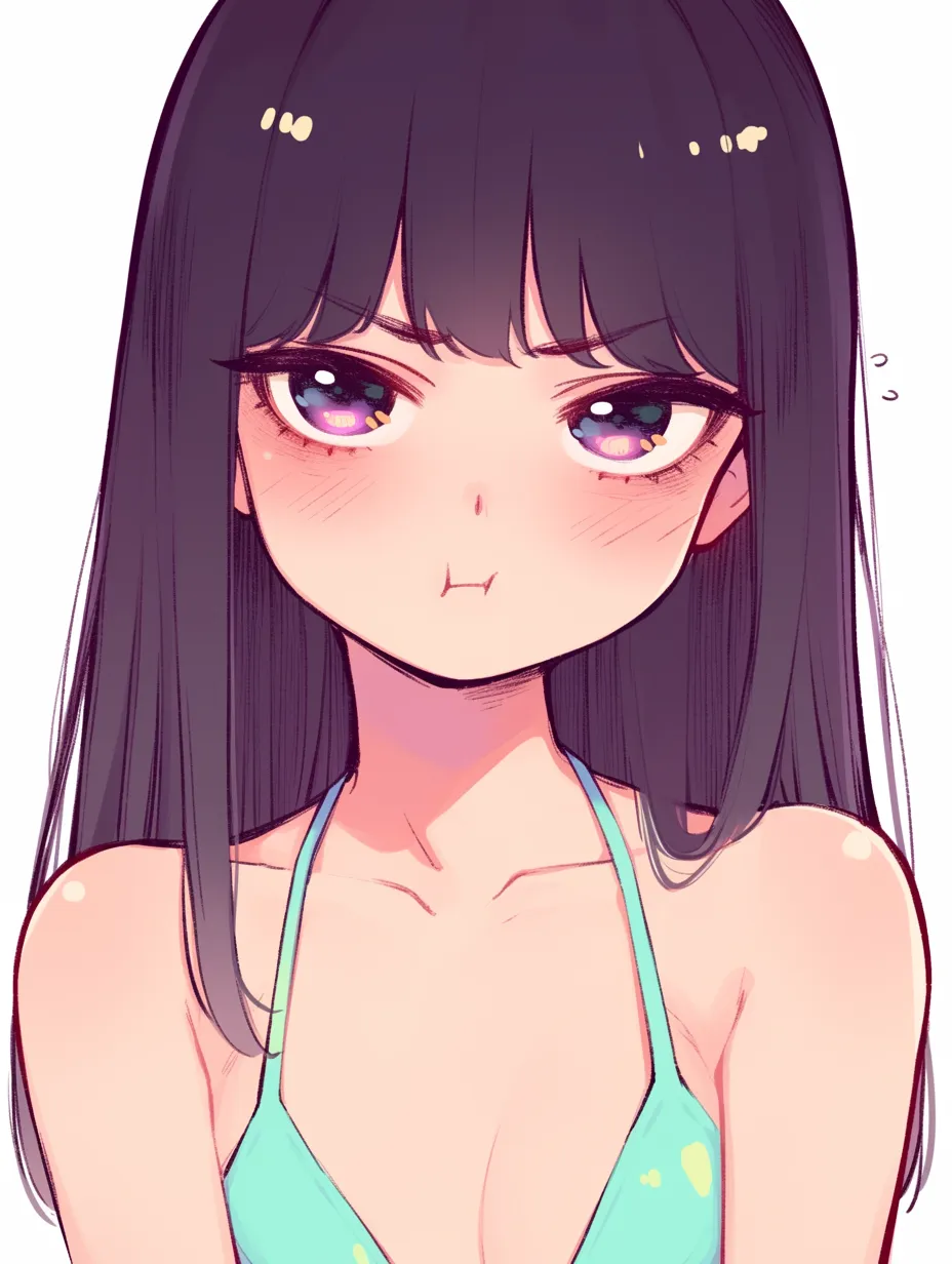 プク顔の水着少女｜水色の水着と表情の対比が印象的。膨らませた頬と上目遣いが、可愛さと拗ねた感情を絶妙に両立させ、視線の強さが気持ちの主張を感じさせる。