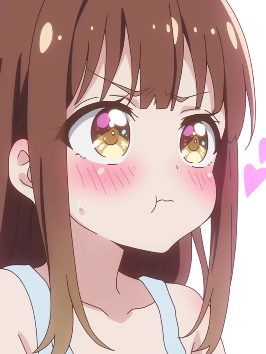 プク顔のぷいっ｜斜めを向きながらプクッと膨らませた頬に、頑固さと甘えの絶妙なバランスがある。ハートマークや汗の表現が、複雑な心情を軽やかに表している。