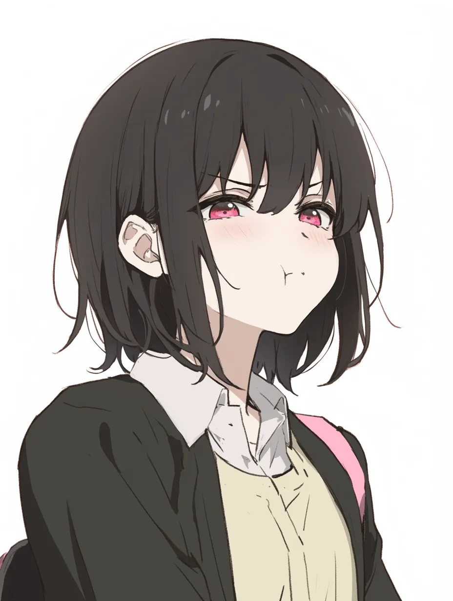 プク顔の制服少女｜制服姿にプク顔を合わせることで、学生らしい素直な拗ね方が際立っている。やや見下すような目線と角度が絶妙に感情のニュアンスを加えている。