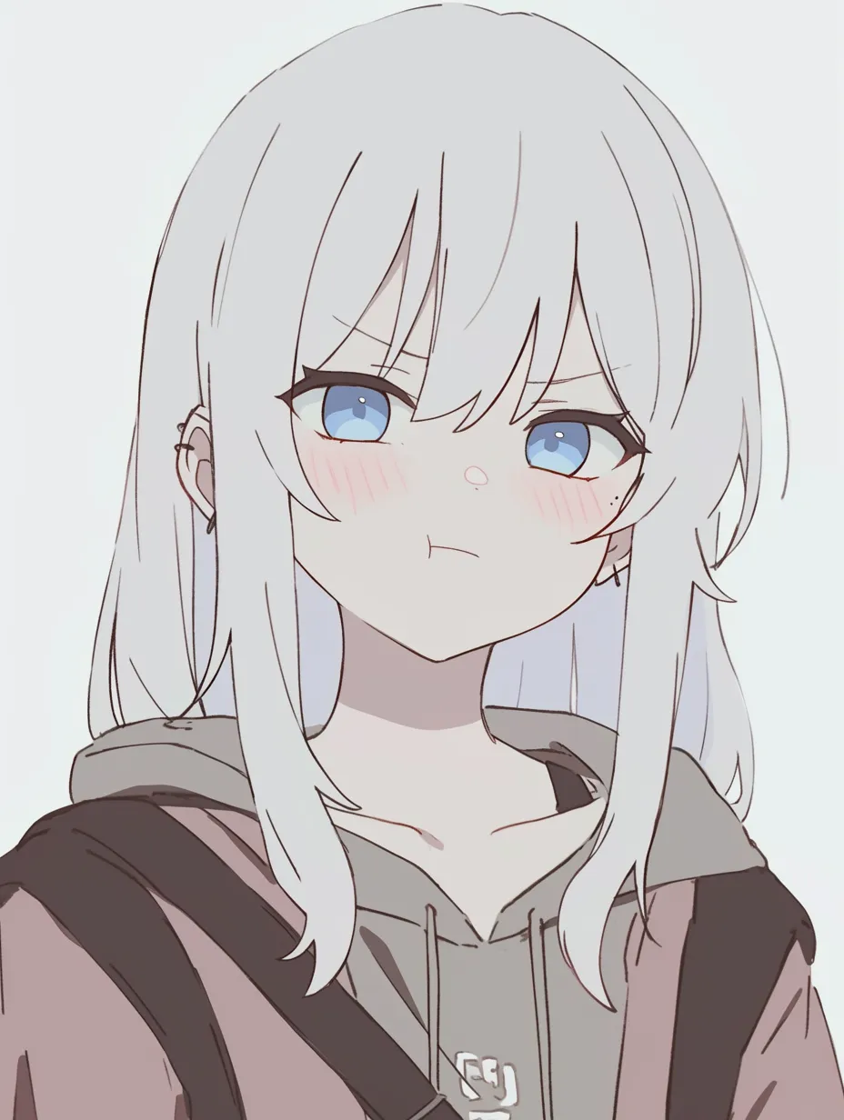 プク顔のフード女子｜フードとパーカーのカジュアルな服装に、無言のプク顔が加わることで、気まずさやちょっとした怒りが静かに伝わる。色調も落ち着きがあり雰囲気が出ている。