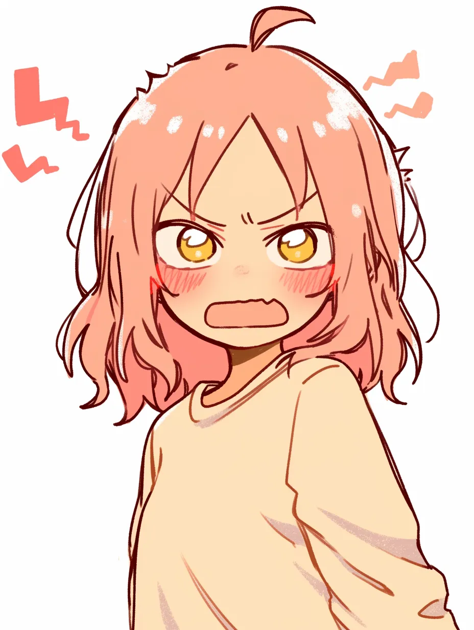 ぷくっと悔しい顔｜唇を突き出して膨れるような悔しい顔。怒りと涙を堪える幼さの混じった可愛さが、ポーズと共に印象的に表現されています。
