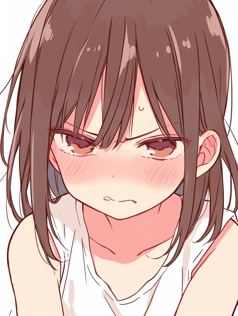 うつむく悔しい顔｜顔を伏せ、眉を寄せた悔しい顔。視線を合わせない仕草と赤く染まった頬が、感情のこもった悔しさを感じさせます。