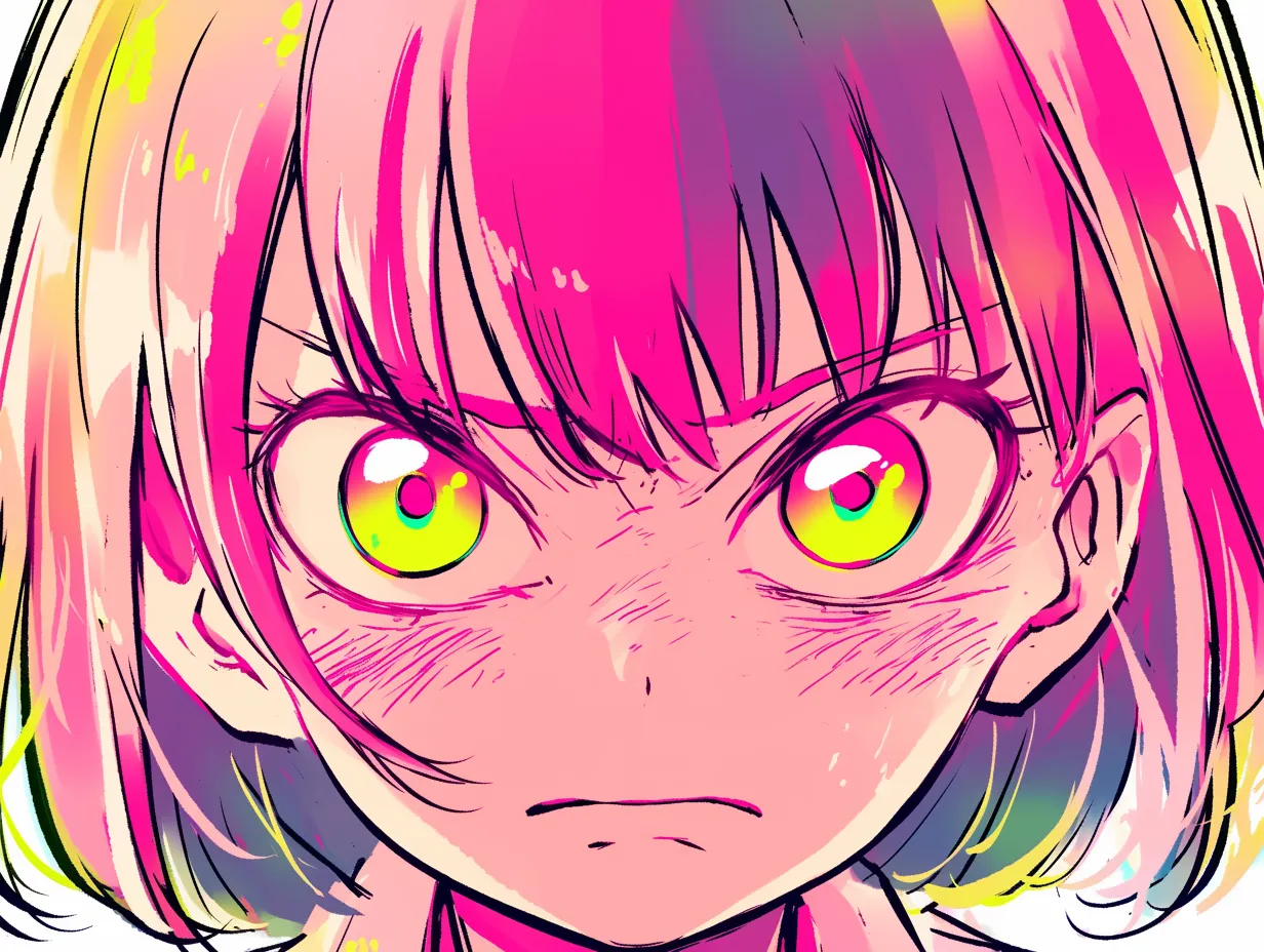 カラフルな悔しい顔｜ビビッドな色使いで描かれた悔しい顔。激しいコントラストと瞳のインパクトが、感情の強烈さを視覚的に強調しています。
