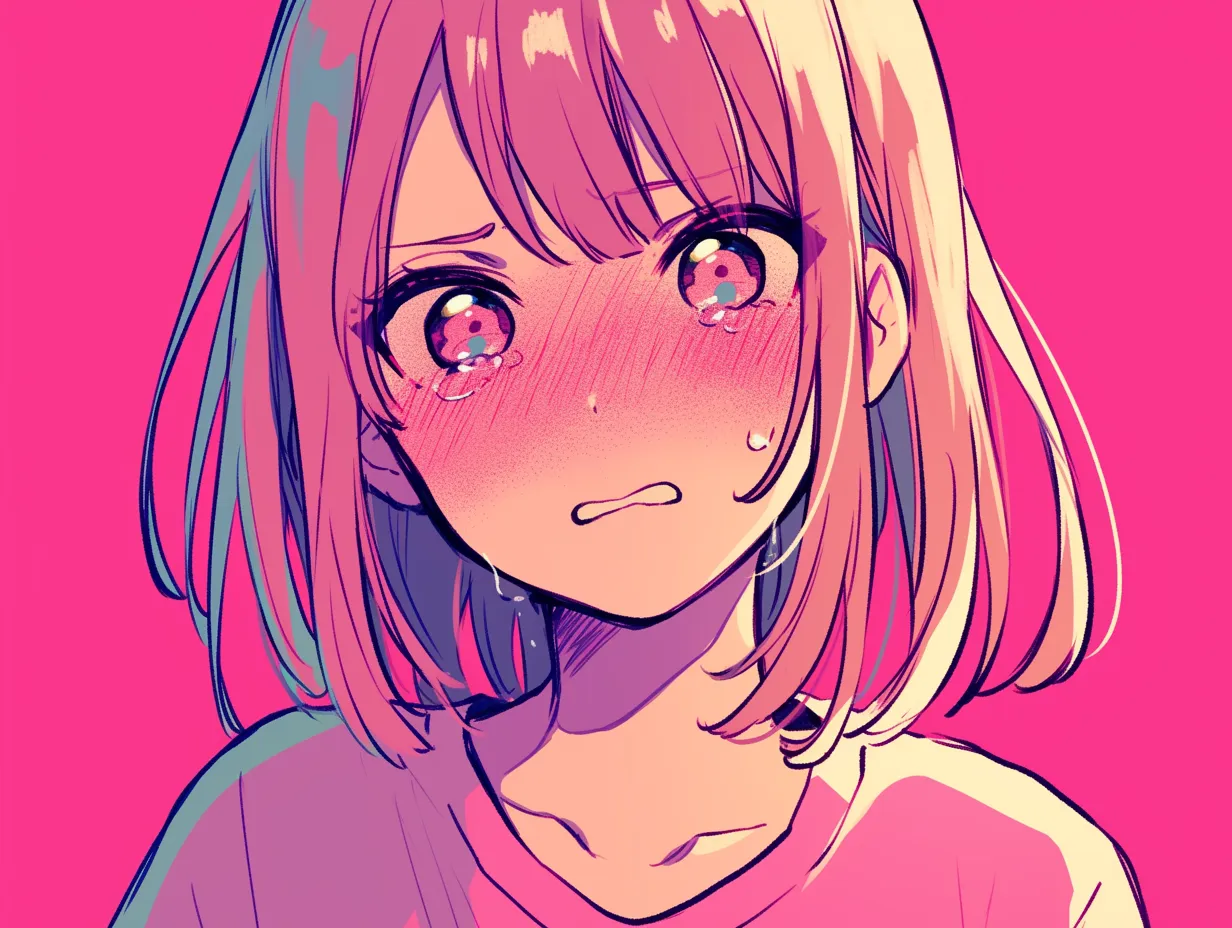 ピンクに染まる悔しい顔｜背景と肌の赤みが感情とリンクする悔しい顔。頬の紅潮と涙の粒が、感情のこもった印象を鮮烈に伝えています。