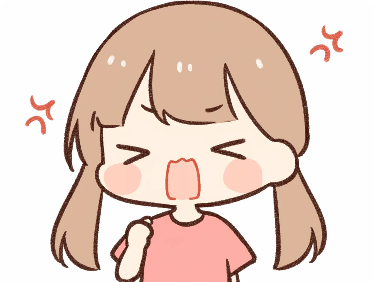 酸っぱい顔でぷんすか｜口を大きく開けて抗議するような酸っぱい顔。頬を膨らませた怒りの感情と混じったリアクションが、子どもらしい可愛らしさを際立たせています。