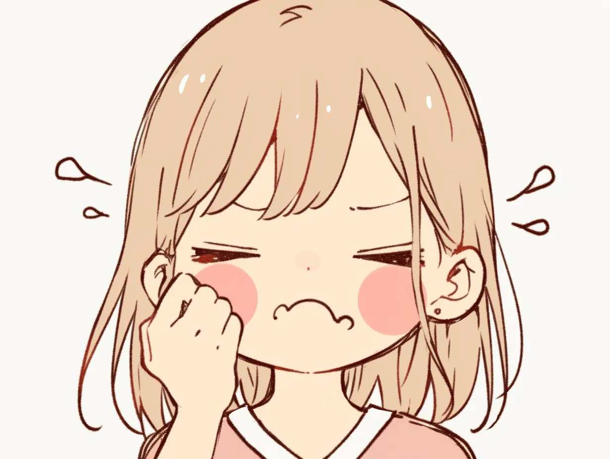 ぎゅっと酸っぱい顔｜目を閉じて顔を歪めるような酸っぱい顔。握りしめた拳と膨らんだ頬の動きが、全力で気持ちを飲み込む瞬間を描き出しています。