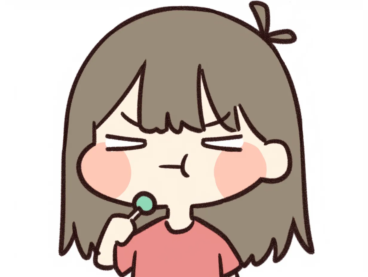 にらみの酸っぱい顔｜飴を片手にじと目でにらむ酸っぱい顔。口角がわずかに下がった不機嫌な表情に、静かな主張と拗ねた気持ちが詰まっています。